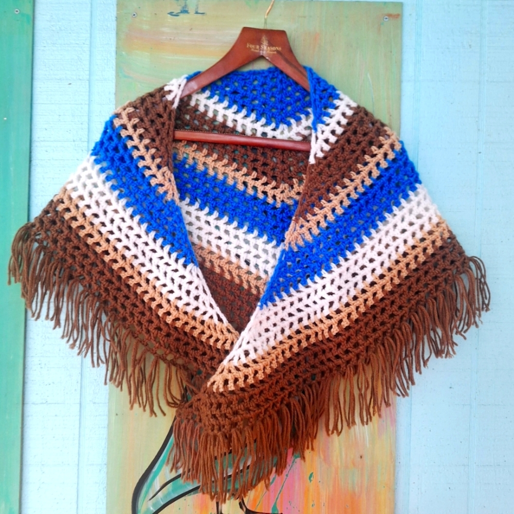 Vintage knit crochet shawl wrap multicolored stripes blue white tan brown